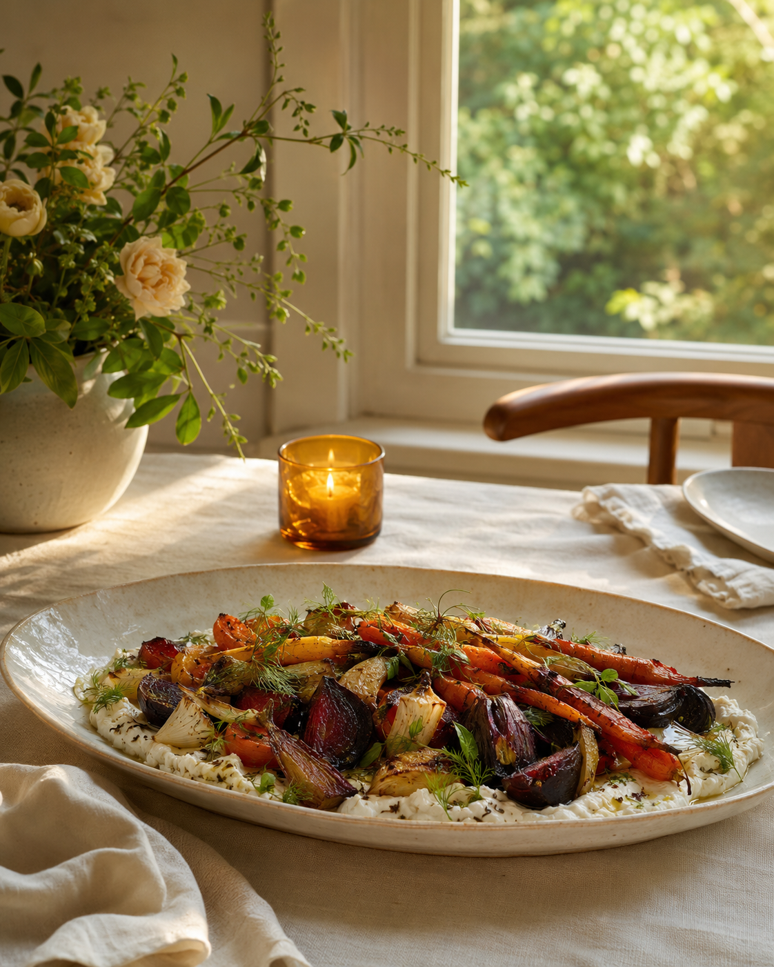 A sunlit table set with seasonal food, garden flowers, and handmade tableware